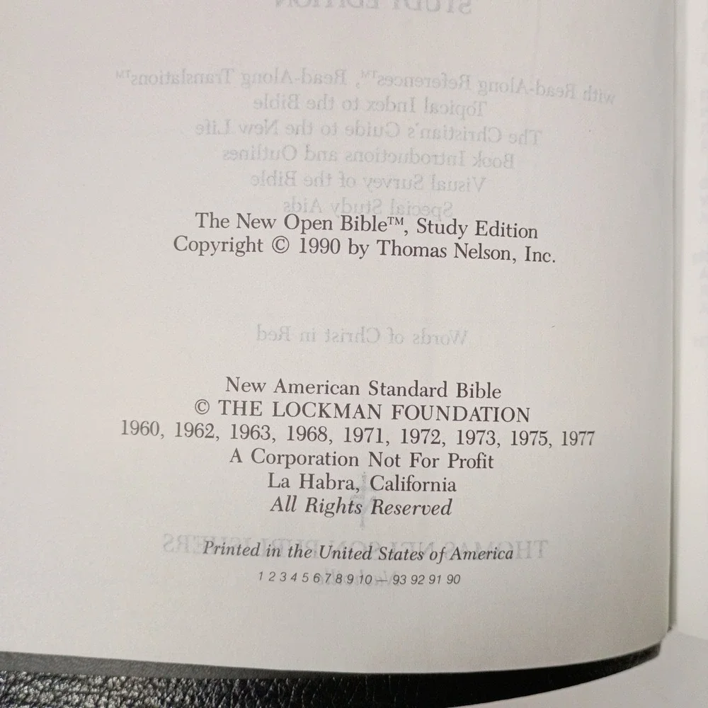 Thomas Nelson 1990 New Open Bible NASB Study Edition Black Bonded Leather 1976